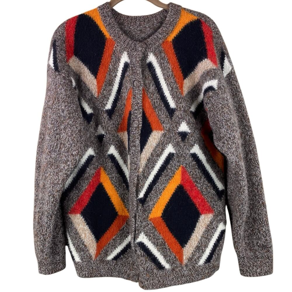 Hand Knit Tweed Cardigan Sweater Size L Wool Alpaca Geometric